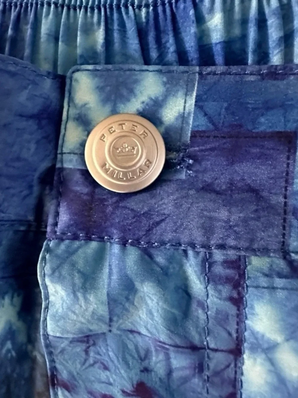 Peter Millar Crown Crafted Shibori Patchwork Swim Trunk Blue XL NWT Retail $110